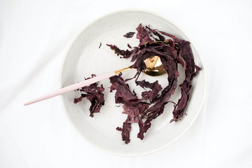 Dulse, a sea vegetable, on a white plate