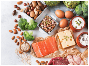 A spread of salmon, eggs, broccoli, almonds, and other great protein sources.