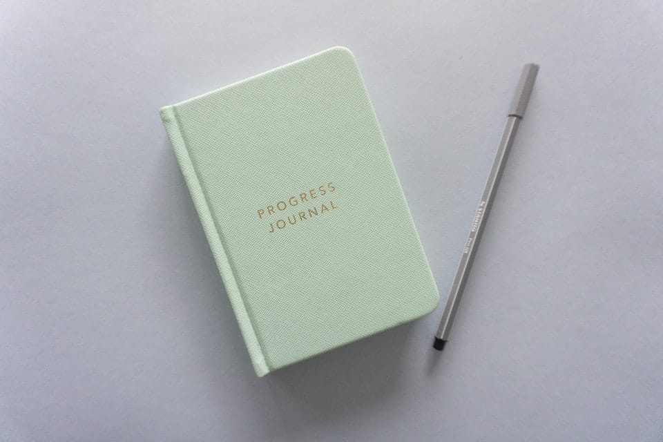 Light green journal day planner and pen next to it