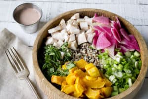 Rainbow Quinoa Bowl with Grilled Chicken and Summer Squash